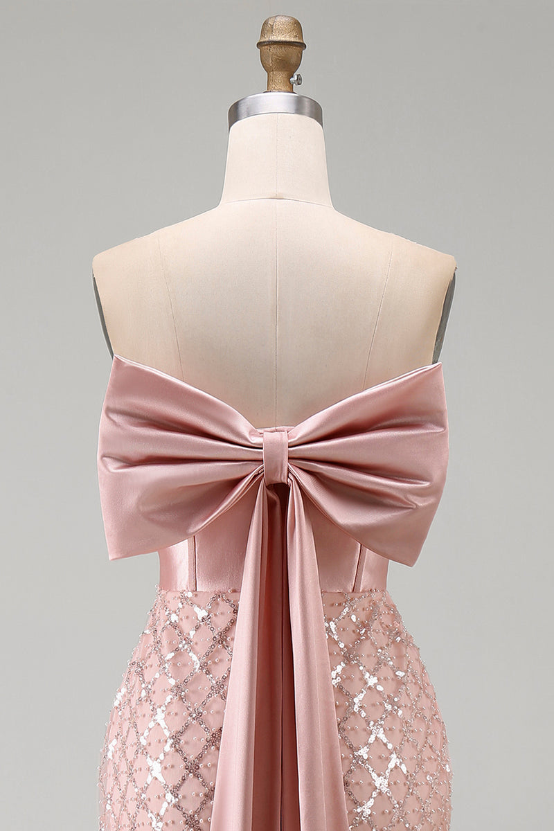 Load image into Gallery viewer, Sparkly Strapless Beaded Blush Long Mermaid Corset Formal Dress with Bow