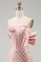 Load image into Gallery viewer, Sparkly Strapless Beaded Blush Long Mermaid Corset Formal Dress with Bow