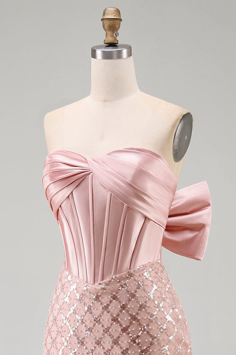 Load image into Gallery viewer, Sparkly Strapless Beaded Blush Long Mermaid Corset Formal Dress with Bow