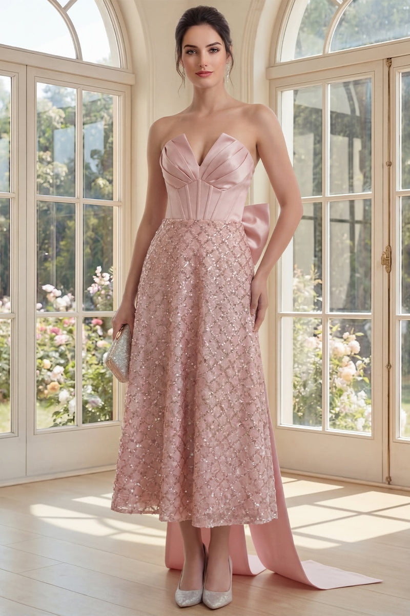 Load image into Gallery viewer, V-Neck Sequin Blush Sparkly Maxi A Line Corset Formal Dress with Bow