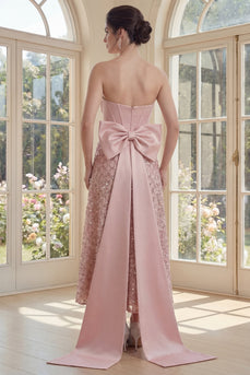 V-Neck Sequin Blush Sparkly Maxi A Line Corset Formal Dress with Bow
