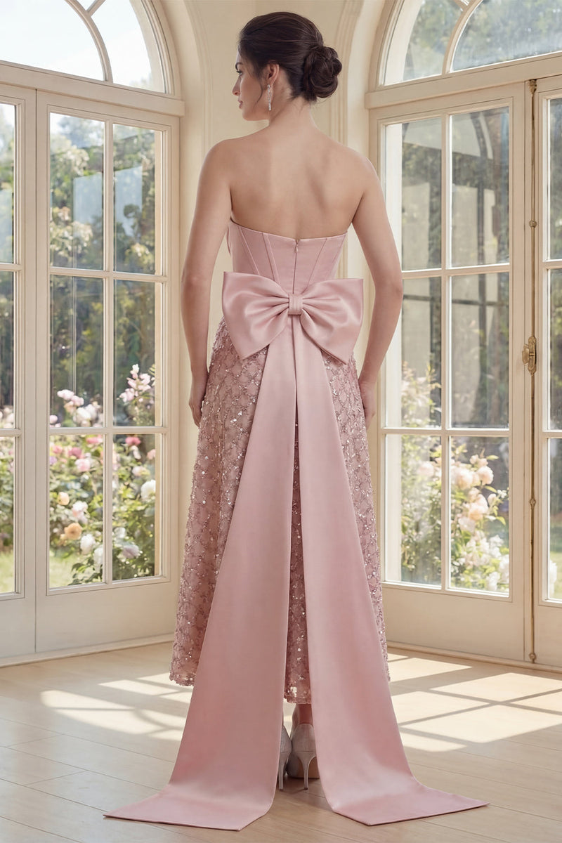 Load image into Gallery viewer, V-Neck Sequin Blush Sparkly Maxi A Line Corset Formal Dress with Bow