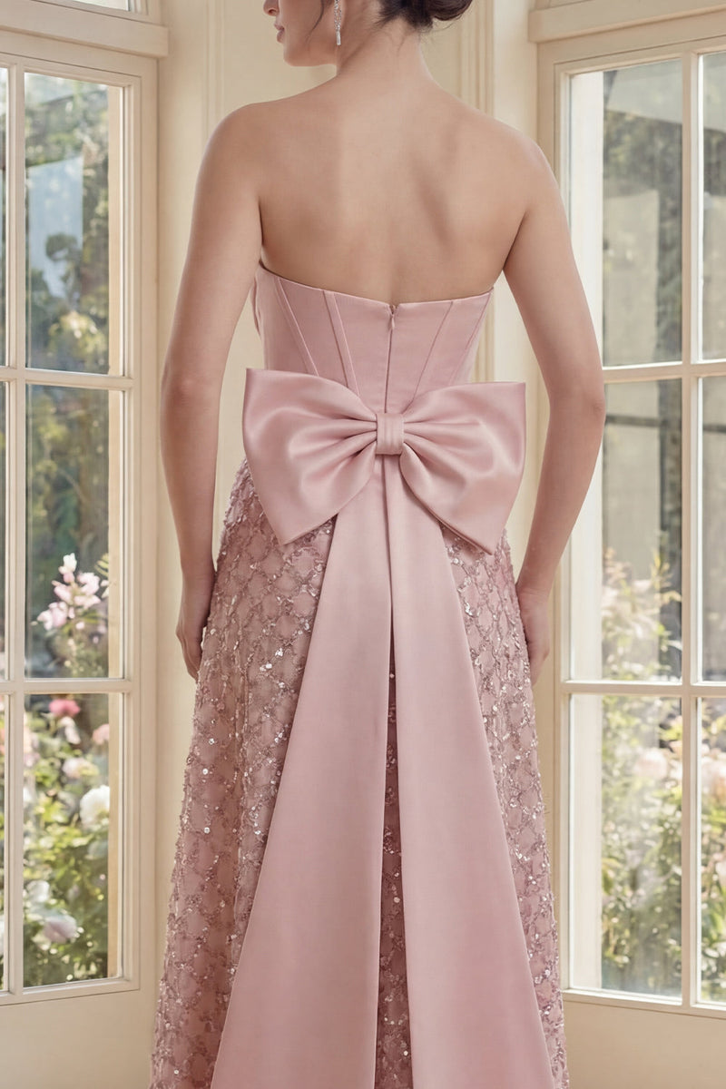 Load image into Gallery viewer, V-Neck Sequin Blush Sparkly Maxi A Line Corset Formal Dress with Bow