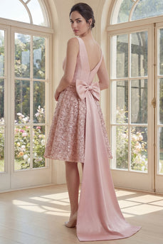 A Line Sparkly V-Neck Blush Short Sequin Ruched Birthday Party Dress with Bow