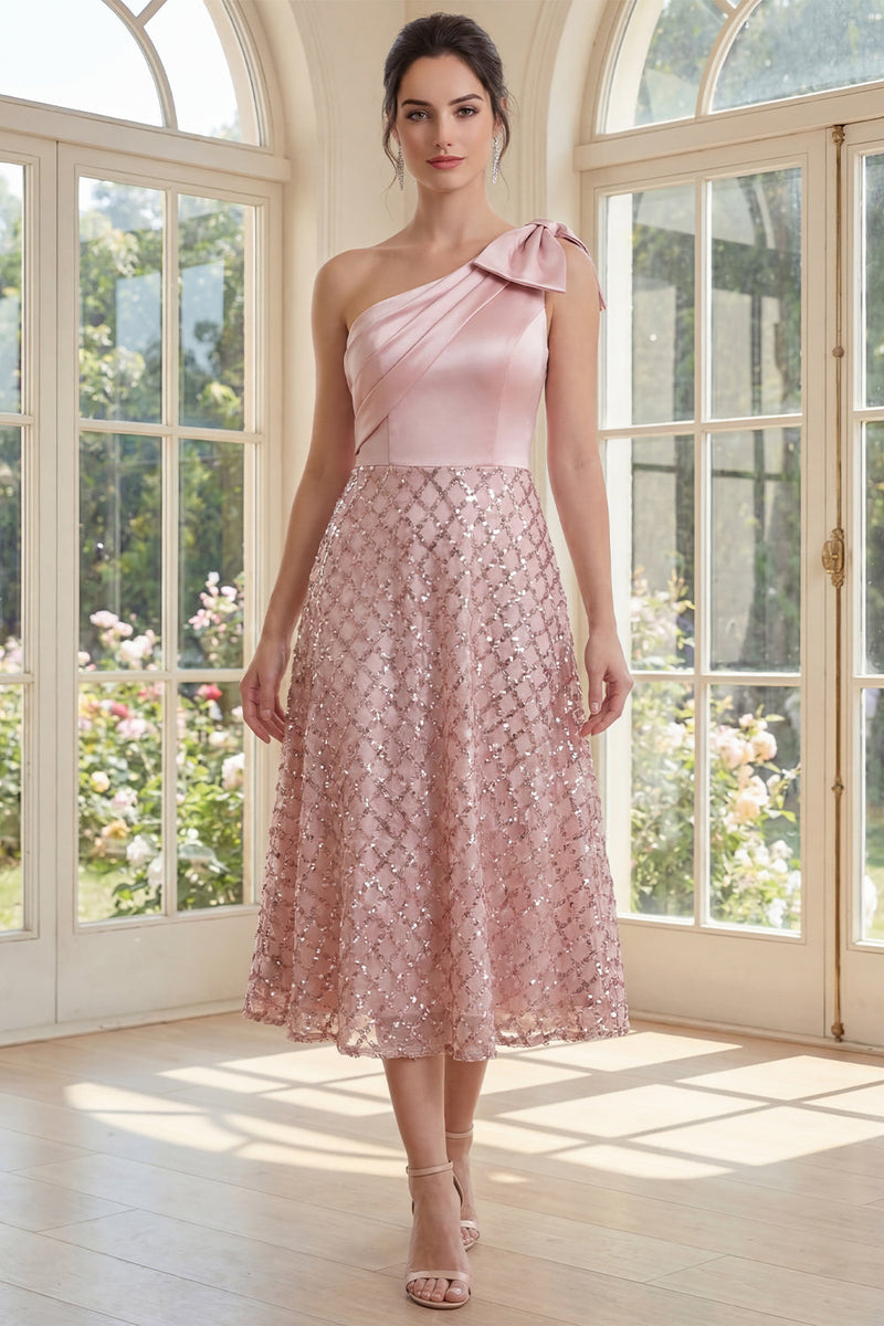 Load image into Gallery viewer, Sequin Sparkly One Shoulder Blush Maxi A Line Formal Dress with Bow