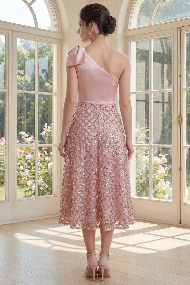 Load image into Gallery viewer, Sequin Sparkly One Shoulder Blush Maxi A Line Formal Dress with Bow