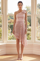 Load image into Gallery viewer, Sparkly Asymmetrical Blush One Shoulder Sequin Birthday Party Dress with Bow