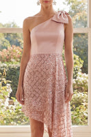 Load image into Gallery viewer, Sparkly Asymmetrical Blush One Shoulder Sequin Birthday Party Dress with Bow