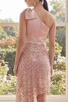 Load image into Gallery viewer, Sparkly Asymmetrical Blush One Shoulder Sequin Birthday Party Dress with Bow