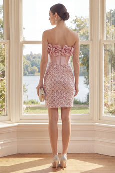 Corset Sparkly Strapless Blush Short Sequin Birthday Party Dress with 3D Flowers