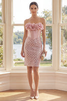Load image into Gallery viewer, Corset Sparkly Strapless Blush Short Sequin Birthday Party Dress with 3D Flowers
