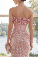 Load image into Gallery viewer, Corset Sparkly Strapless Blush Short Sequin Birthday Party Dress with 3D Flowers