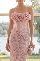 Load image into Gallery viewer, Corset Sparkly Strapless Blush Short Sequin Birthday Party Dress with 3D Flowers