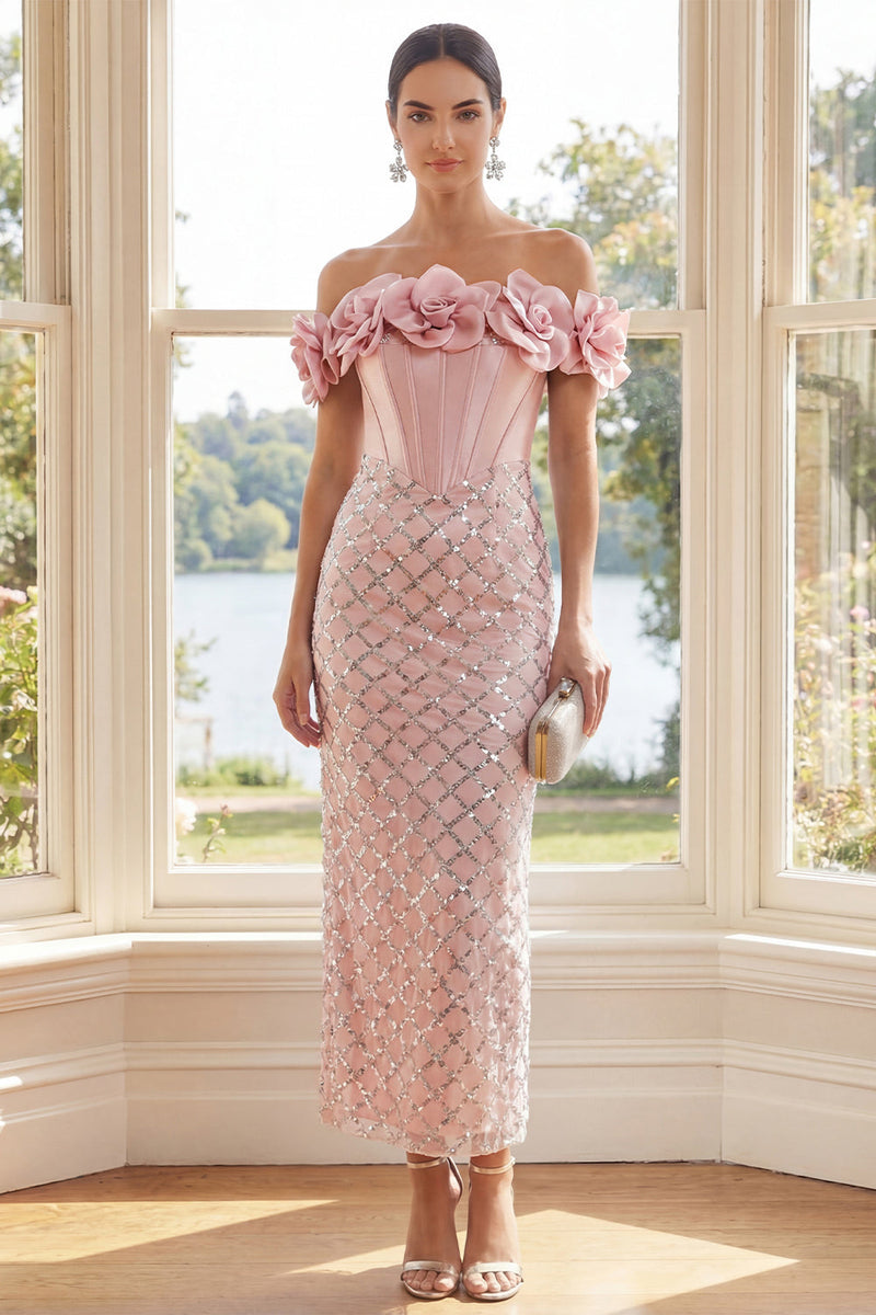 Load image into Gallery viewer, Sparkly Blush Sheath Sequin Corset Maxi Formal Dress with 3D Flowers