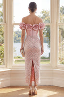 Load image into Gallery viewer, Sparkly Blush Sheath Sequin Corset Maxi Formal Dress with 3D Flowers