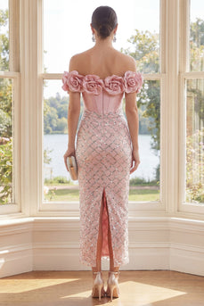 Sparkly Blush Sheath Sequin Corset Maxi Formal Dress with 3D Flowers