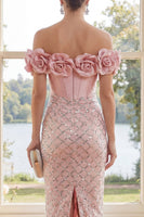 Load image into Gallery viewer, Sparkly Blush Sheath Sequin Corset Maxi Formal Dress with 3D Flowers