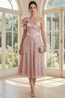 Load image into Gallery viewer, Sparkly Blush Maxi A Line Corset Sequin One Shoulder Formal Dress with Bow