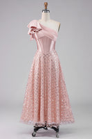 Load image into Gallery viewer, Sparkly Blush Maxi A Line Corset Sequin One Shoulder Formal Dress with Bow