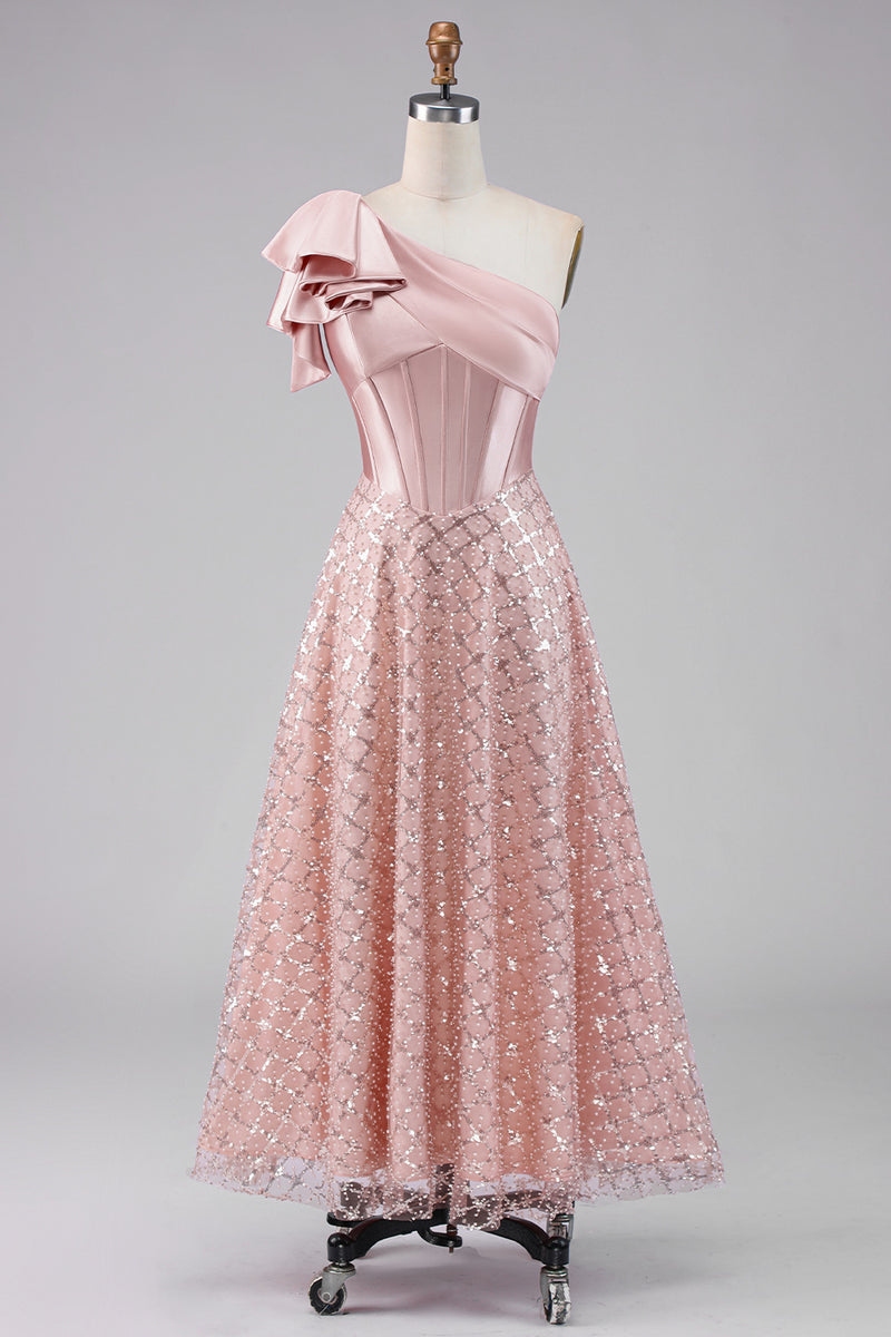 Load image into Gallery viewer, Sparkly Blush Maxi A Line Corset Sequin One Shoulder Formal Dress with Bow