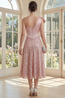 Sparkly Blush Maxi A Line Corset Sequin One Shoulder Formal Dress with Bow