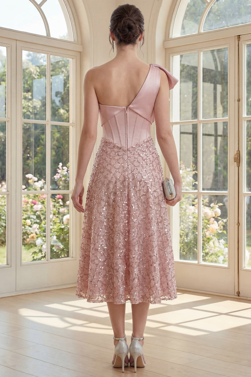 Load image into Gallery viewer, Sparkly Blush Maxi A Line Corset Sequin One Shoulder Formal Dress with Bow