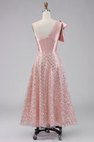 Load image into Gallery viewer, Sparkly Blush Maxi A Line Corset Sequin One Shoulder Formal Dress with Bow