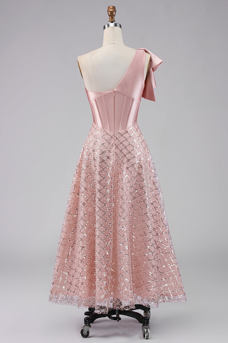Load image into Gallery viewer, Sparkly Blush Maxi A Line Corset Sequin One Shoulder Formal Dress with Bow