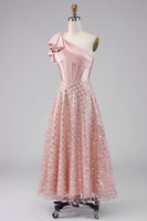 Load image into Gallery viewer, Sparkly Blush Maxi A Line Corset Sequin One Shoulder Formal Dress with Bow