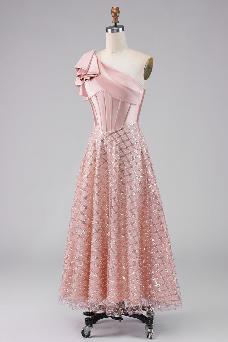 Load image into Gallery viewer, Sparkly Blush Maxi A Line Corset Sequin One Shoulder Formal Dress with Bow