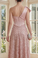 Load image into Gallery viewer, Sparkly Blush Maxi A Line Corset Sequin One Shoulder Formal Dress with Bow
