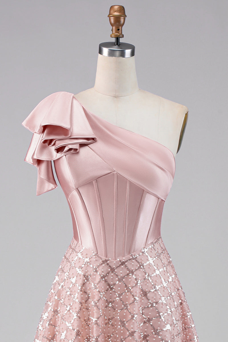 Load image into Gallery viewer, Sparkly Blush Maxi A Line Corset Sequin One Shoulder Formal Dress with Bow