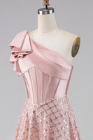 Load image into Gallery viewer, Sparkly Blush Maxi A Line Corset Sequin One Shoulder Formal Dress with Bow