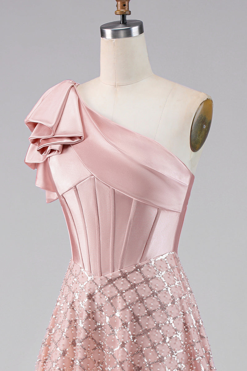 Load image into Gallery viewer, Sparkly Blush Maxi A Line Corset Sequin One Shoulder Formal Dress with Bow