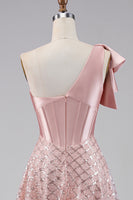 Load image into Gallery viewer, Sparkly Blush Maxi A Line Corset Sequin One Shoulder Formal Dress with Bow