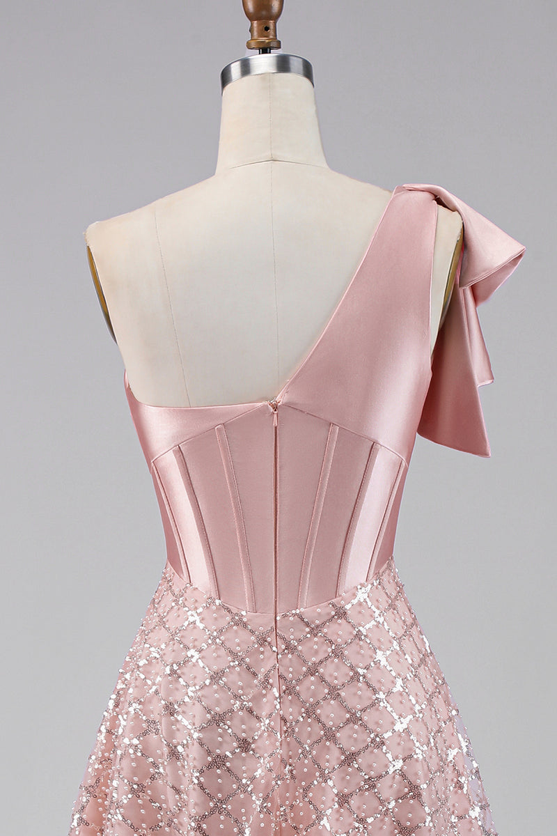 Load image into Gallery viewer, Sparkly Blush Maxi A Line Corset Sequin One Shoulder Formal Dress with Bow