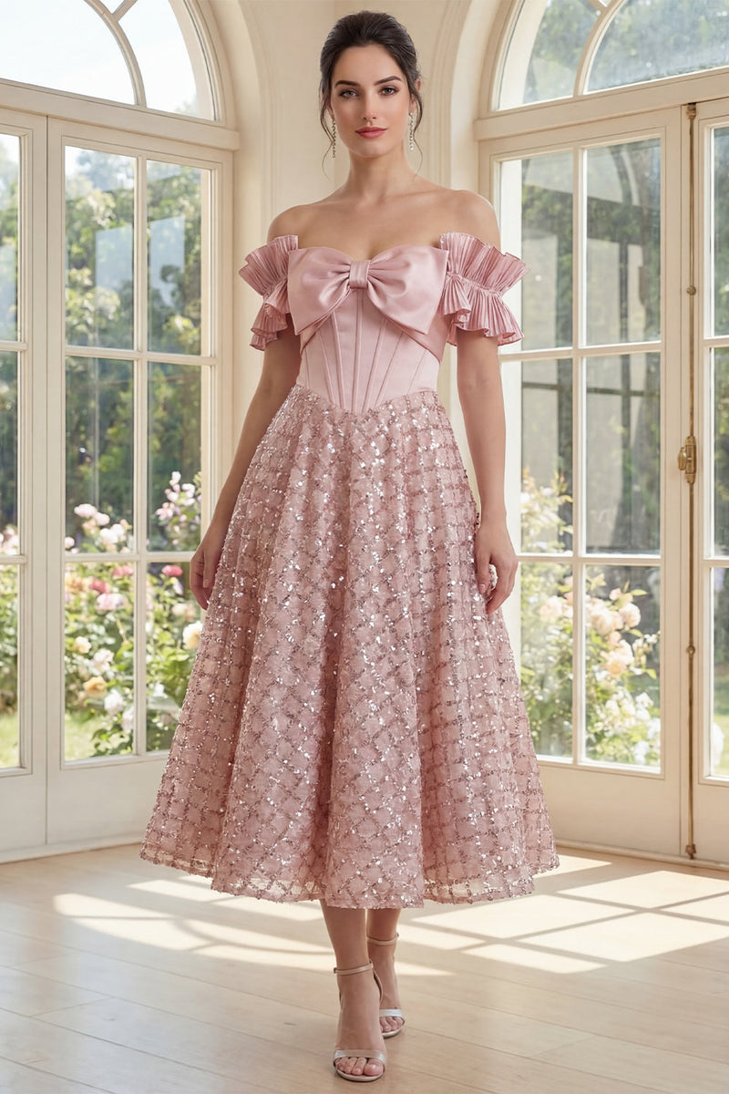 Load image into Gallery viewer, Sparkly Ruffled Blush Maxi Sequin A Line Corset Formal Dress with Bow