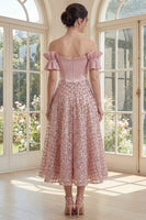 Load image into Gallery viewer, Sparkly Ruffled Blush Maxi Sequin A Line Corset Formal Dress with Bow
