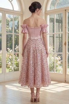 Sparkly Ruffled Blush Maxi Sequin A Line Corset Formal Dress with Bow