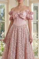Load image into Gallery viewer, Sparkly Ruffled Blush Maxi Sequin A Line Corset Formal Dress with Bow
