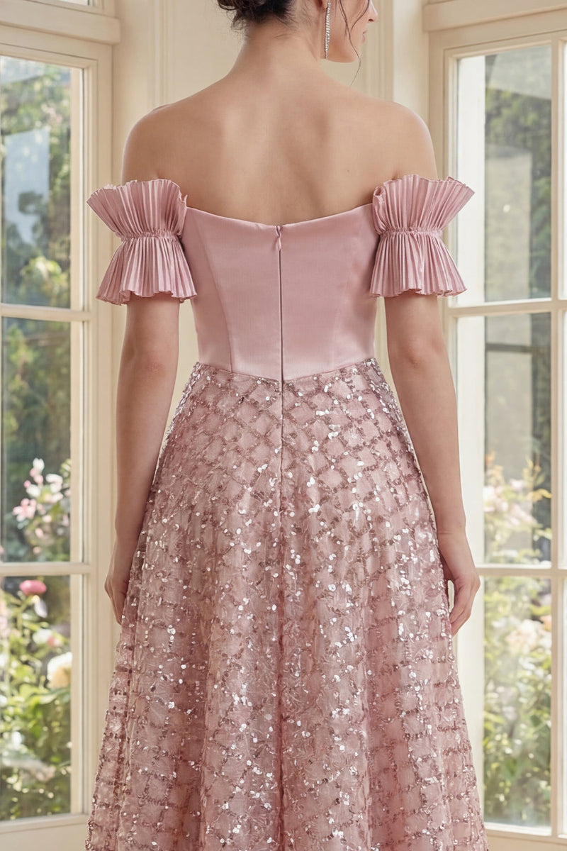 Load image into Gallery viewer, Sparkly Ruffled Blush Maxi Sequin A Line Corset Formal Dress with Bow