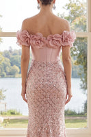 Load image into Gallery viewer, Long Mermaid Sparkly Corset Blush Sequin Formal Dress with 3D Flowers