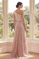 Load image into Gallery viewer, Long Sparkly Sequin One Shoulder Blush A Line Formal Dress