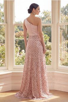 Long Sparkly Sequin One Shoulder Blush A Line Formal Dress