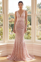 Load image into Gallery viewer, Sparkly V-Neck Long Sequin Blush Mermaid Evening Dress