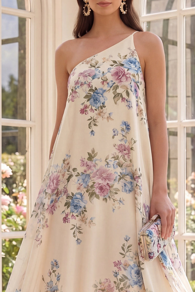 Load image into Gallery viewer, Floral Apricot One Shoulder A Line High Low Beach Wedding Guest Dress