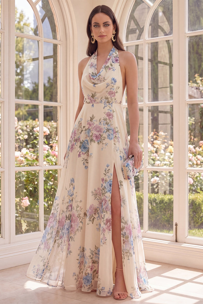 Load image into Gallery viewer, Halter Backless Floral Apricot A Line Maxi Beach Wedding Guest Dress with Slit