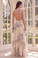 Load image into Gallery viewer, Halter Backless Floral Apricot A Line Maxi Beach Wedding Guest Dress with Slit