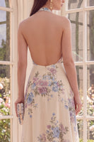 Load image into Gallery viewer, Halter Backless Floral Apricot A Line Maxi Beach Wedding Guest Dress with Slit