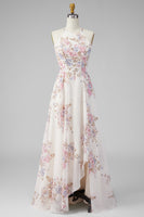 Load image into Gallery viewer, A Line Maxi Halter Floral Apricot Ruffled Open Back Beach Wedding Guest Dress with Slit
